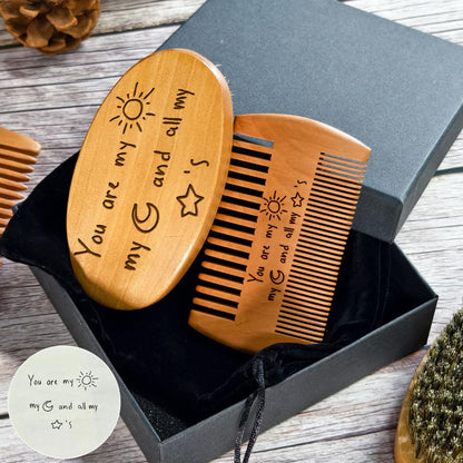 Personalized Handwriting Pattern Beard Comb & Beard Brush Set for Men - Natural Boar Bristle Brush and Dual Action Wood Comb w/Velvet Travel Pouch and Gift Box, Ideal for Grooming Beards and Mustache