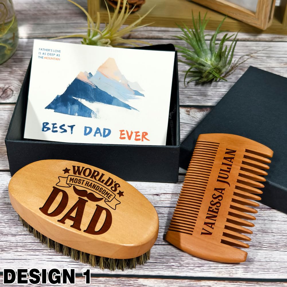 Personalized Wooden Beard Grooming Set Gifts for Dad, Boar Bristle Brush and Comb with Custom Name Engraving, Father's Day, Birthday, Christmas Gifts for Grandpa, Gift Box Included