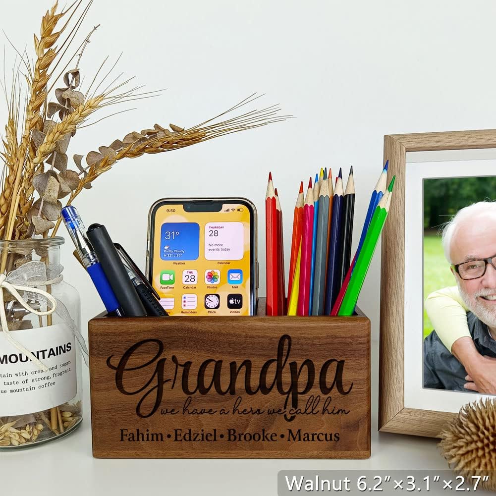 Gifts for Grandpa, Personalized Pen Holder, Custom Name Desk Organizer for Grandfather from Grandson, Granddaughter, Ideal for Father's Day, Retirement gift, Birthday, Christmas