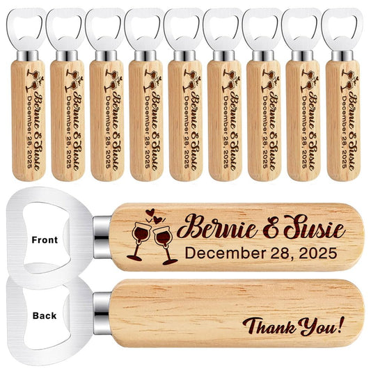 Personalized Wooden Bottle Opener for Wedding Favour, Customizable Names and Date, Set of 10-300,