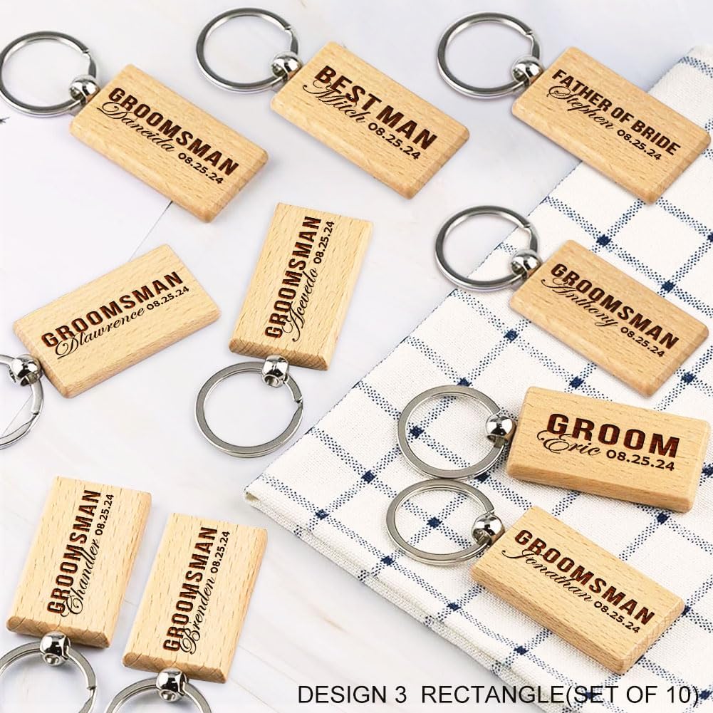Generic Personalized Groomsman Gifts, Custom Name Wooden Keychain Gift for Best Man, Him, Brother, Boy Friend, Father, Universal, Brown