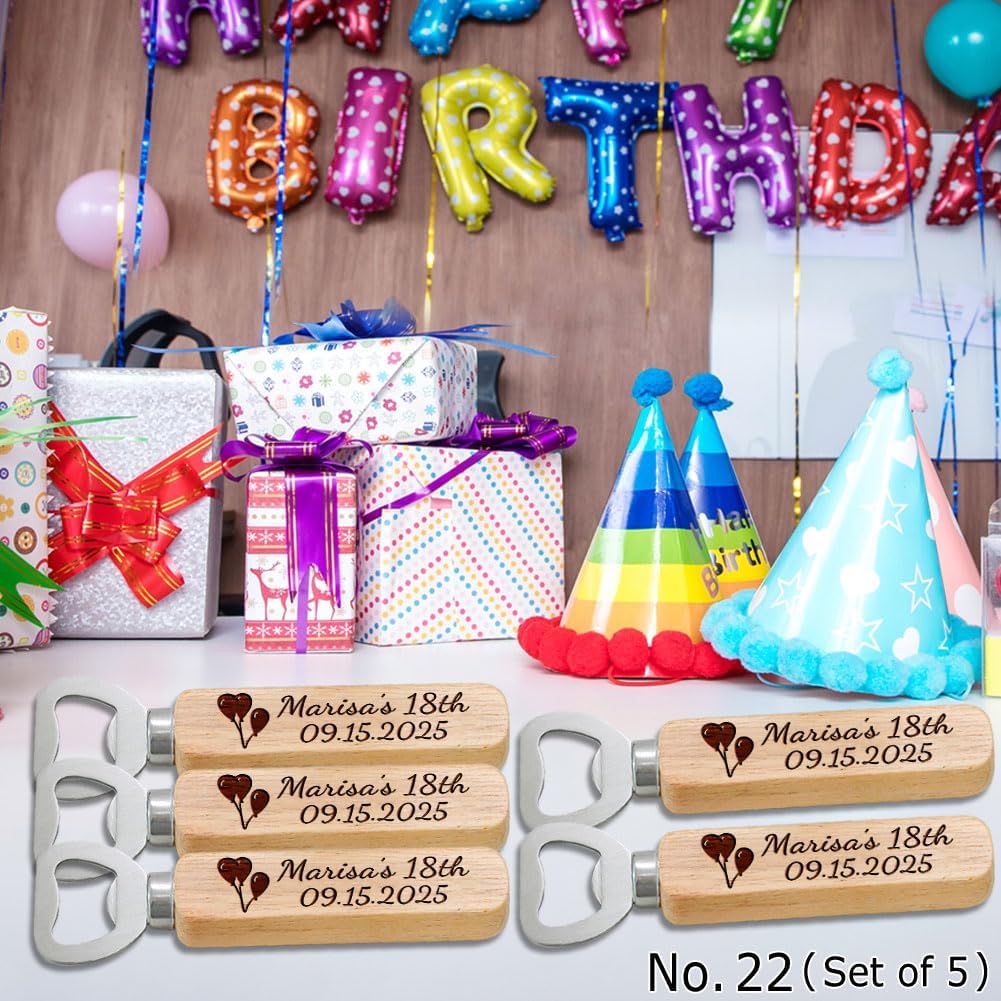 Personalized Wooden Bottle Openers, Birthday Party Favors, Custom Engraved with Names and Date, Set of 1-100