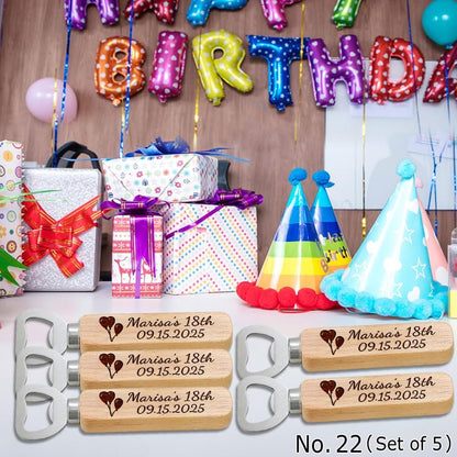 Personalized Wooden Bottle Openers, Birthday Party Favors, Custom Engraved with Names and Date, Set of 1-100