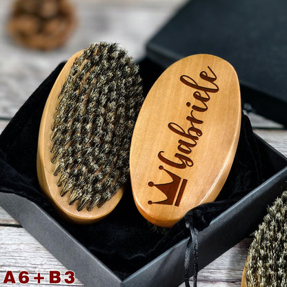 Personalized Name Beard Comb & Beard Brush Set for Men - Natural Boar Bristle Brush and Dual Action Pear Wood Comb w/Velvet Travel Pouch and Gift Box, Ideal for Grooming Beards and Mustache