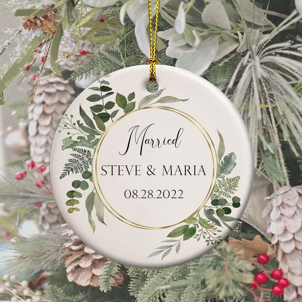 Personalized Names Christmas Tree Ornaments, Customizable Ceramic Ornament, Gifts for Newlyweds, Just Married Couples, First Christmas Married Ornaments 2022, Memorable Gift for Wedding, Engagement