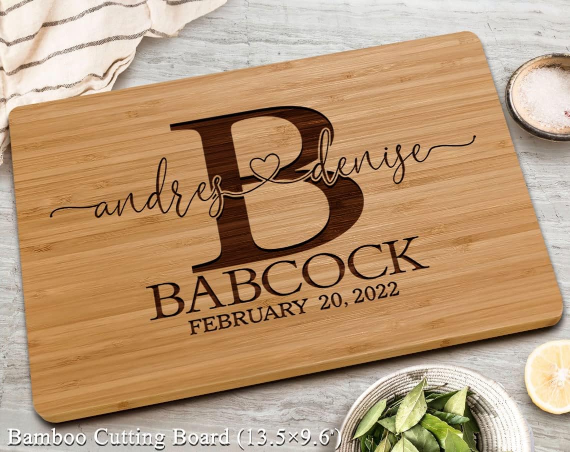 Personalized Wedding Gifts, Cutting Boards with Custom Names and Date for Anniversary, Housewarming, Christmas, Valentines Day, Handmade Wooden Kitchen Gift for Parents, Couples, Newlyweds