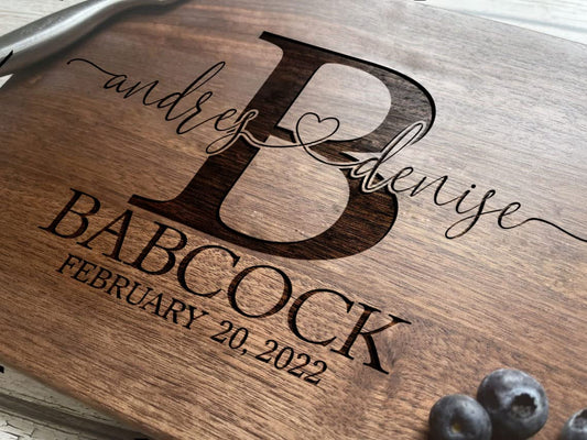 Personalized Wedding Gifts, Cutting Boards with Custom Names and Date for Anniversary, Housewarming, Christmas, Valentines Day, Handmade Wooden Kitchen Gift for Parents, Couples, Newlyweds