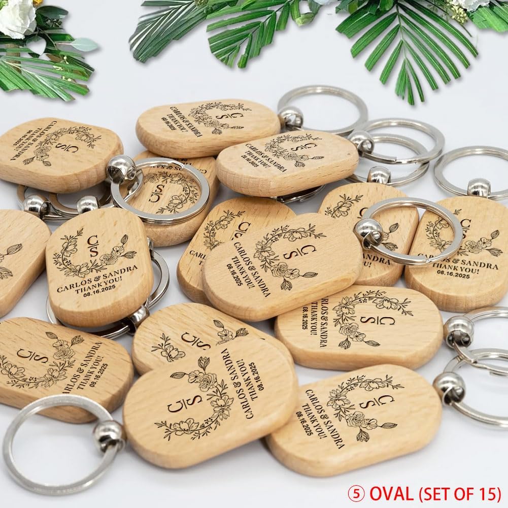 Wedding Favor Gifts for Guests, Personalized Name Keychains, Custom Natural Wooden Key Chain, Pack of 15 to 100
