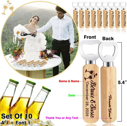 Personalized Wooden Bottle Opener for Wedding Favour, Customizable Names and Date, Set of 10-300,