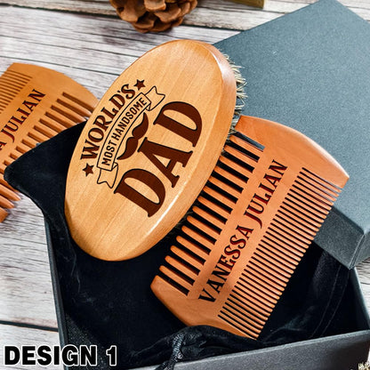 Personalized Wooden Beard Grooming Set Gifts for Dad, Boar Bristle Brush and Comb with Custom Name Engraving, Father's Day, Birthday, Christmas Gifts for Grandpa, Gift Box Included