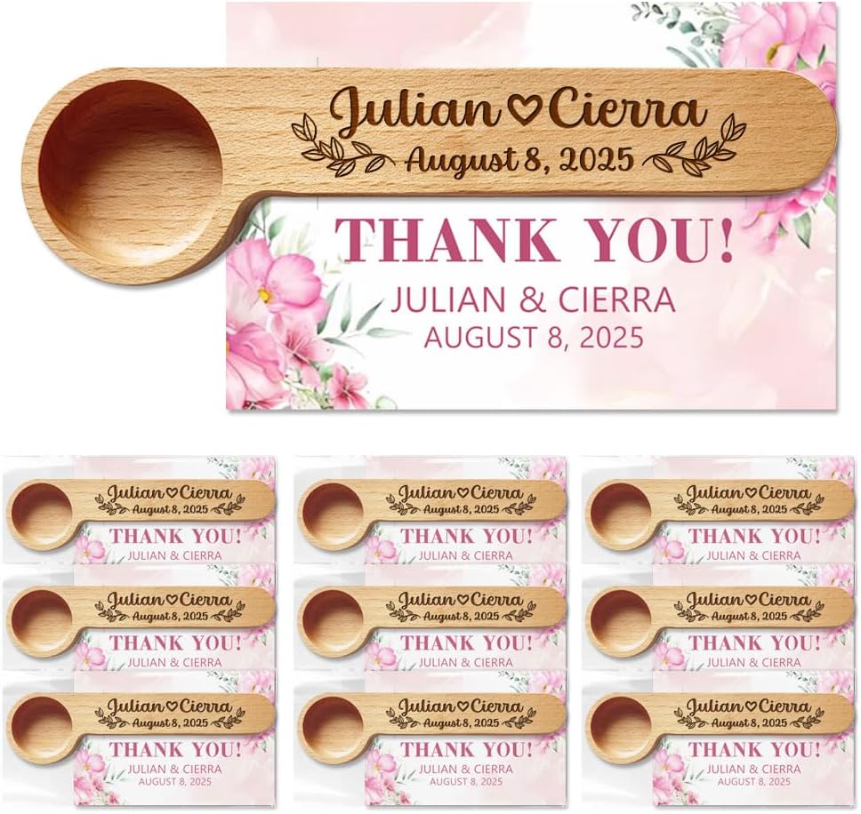 Personalized Wedding Favors with Thank You Cards, Custom Wooden Coffee Scoop/Clip, Bridal Shower Gifts, Birthday, Party Favors Set of 10-100