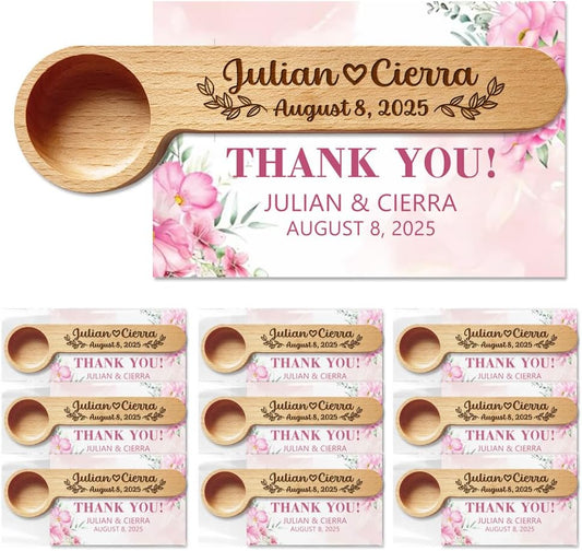 Personalized Wedding Favors with Thank You Cards, Custom Wooden Coffee Scoop/Clip, Bridal Shower Gifts, Birthday, Party Favors Set of 10-100