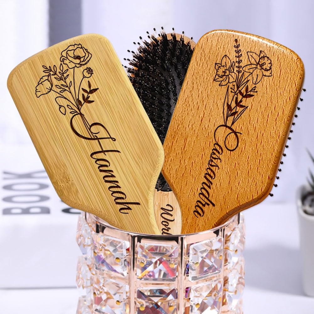 Personalized Hair Brush Gifts for Sister from Sister, Custom Name & Birth Month Flower Comb for Best Friends, Natural Wooden Brush Christmas Birthday Gifts for Soul Sisters