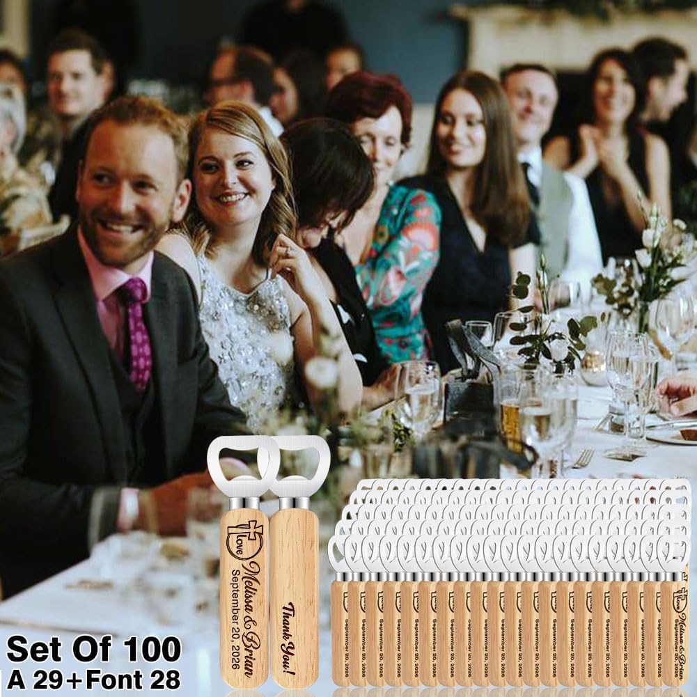 Personalized Wooden Bottle Opener for Wedding Favour, Customizable Names and Date, Set of 10-300,