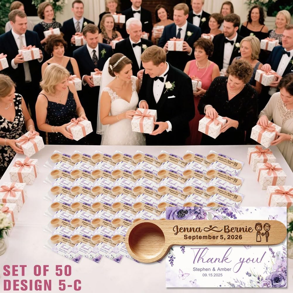 Personalized Wedding Favors with Thank You Cards, Custom Wooden Coffee Scoop/Clip, Bridal Shower Gifts, Birthday, Party Favors Set of 10-100