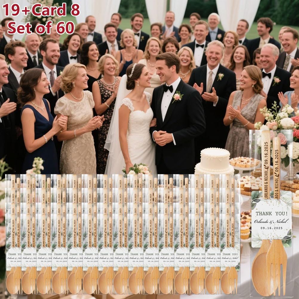 Personalized Wedding Favors with Thank You Cards, Custom Wooden Spoons & Forks, Housewarming Party Favors, Gifts for Party Guests Set of 10-100
