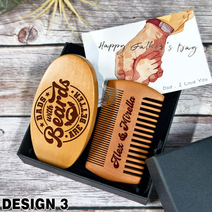 Personalized Wooden Beard Grooming Set Gifts for Dad, Boar Bristle Brush and Comb with Custom Name Engraving, Father's Day, Birthday, Christmas Gifts for Grandpa, Gift Box Included