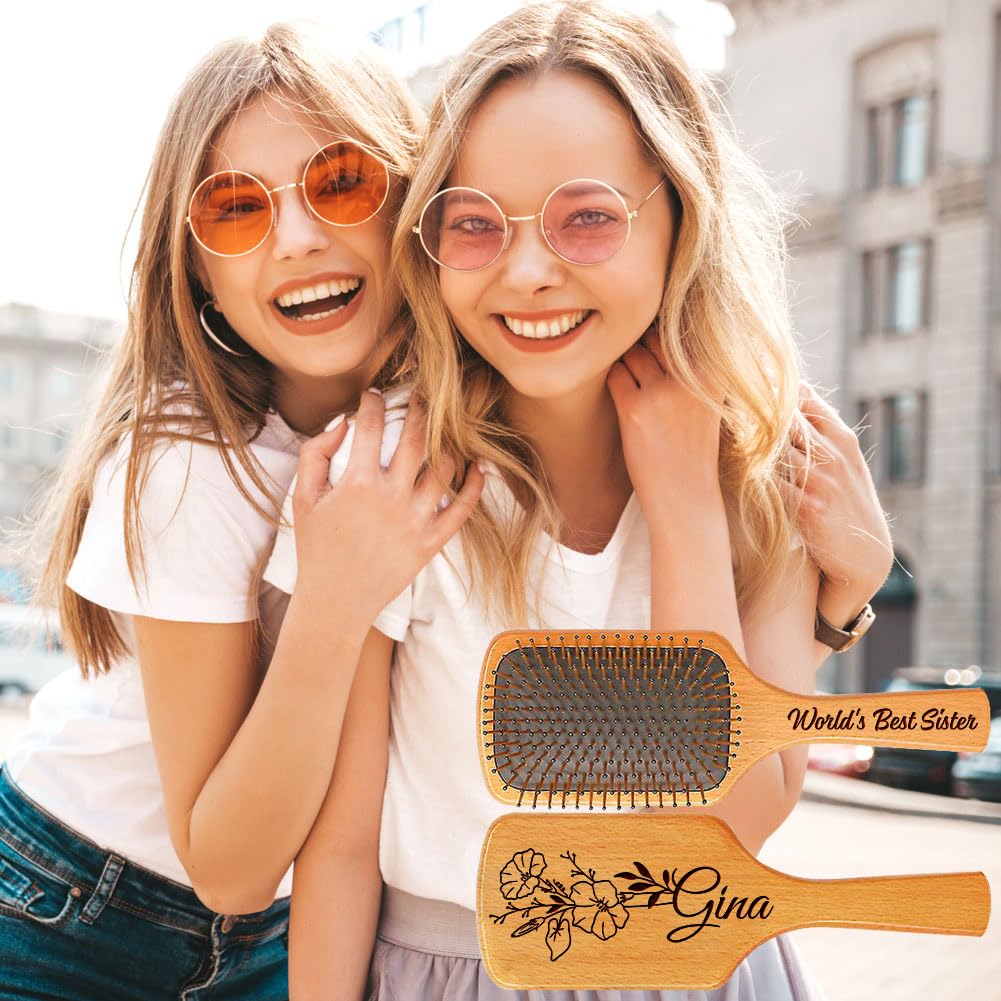 Personalized Hair Brush Gifts for Sister from Sister, Custom Name & Birth Month Flower Comb for Best Friends, Natural Wooden Brush Christmas Birthday Gifts for Soul Sisters