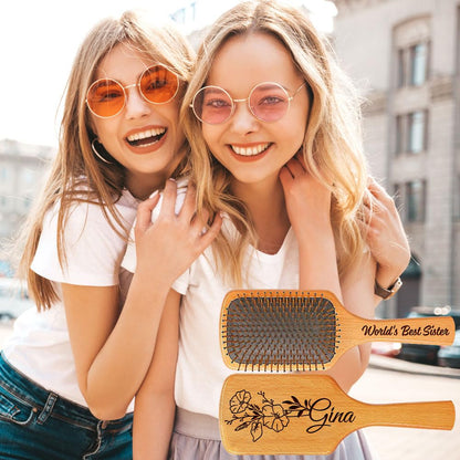 Personalized Hair Brush Gifts for Sister from Sister, Custom Name & Birth Month Flower Comb for Best Friends, Natural Wooden Brush Christmas Birthday Gifts for Soul Sisters