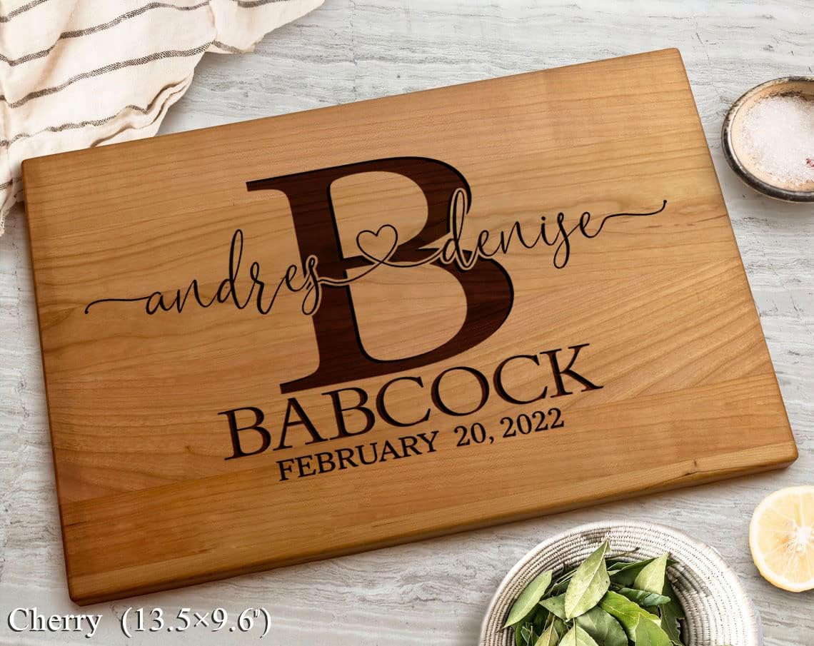Personalized Wedding Gifts, Cutting Boards with Custom Names and Date for Anniversary, Housewarming, Christmas, Valentines Day, Handmade Wooden Kitchen Gift for Parents, Couples, Newlyweds