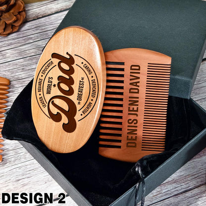 Personalized Wooden Beard Grooming Set Gifts for Dad, Boar Bristle Brush and Comb with Custom Name Engraving, Father's Day, Birthday, Christmas Gifts for Grandpa, Gift Box Included