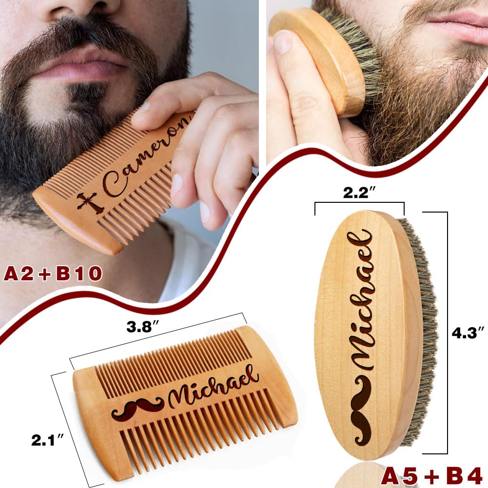 Personalized Name Beard Comb & Beard Brush Set for Men - Natural Boar Bristle Brush and Dual Action Pear Wood Comb w/Velvet Travel Pouch and Gift Box, Ideal for Grooming Beards and Mustache