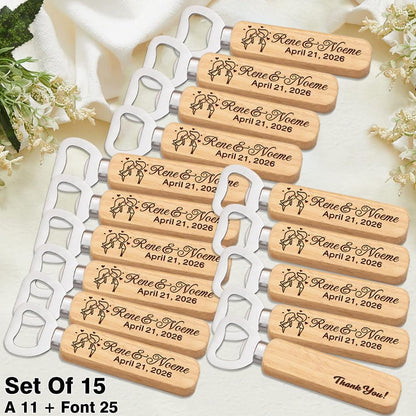 Personalized Wooden Bottle Opener for Wedding Favour, Customizable Names and Date, Set of 10-300,