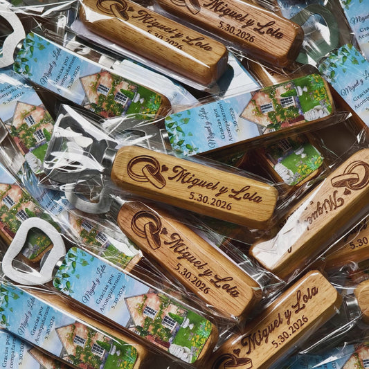 Personalized Wedding Favor Gifts for Guest, Wooden Bottle Openers Set with customized Couple's Name & Wedding Date, Pack of 6 - 150